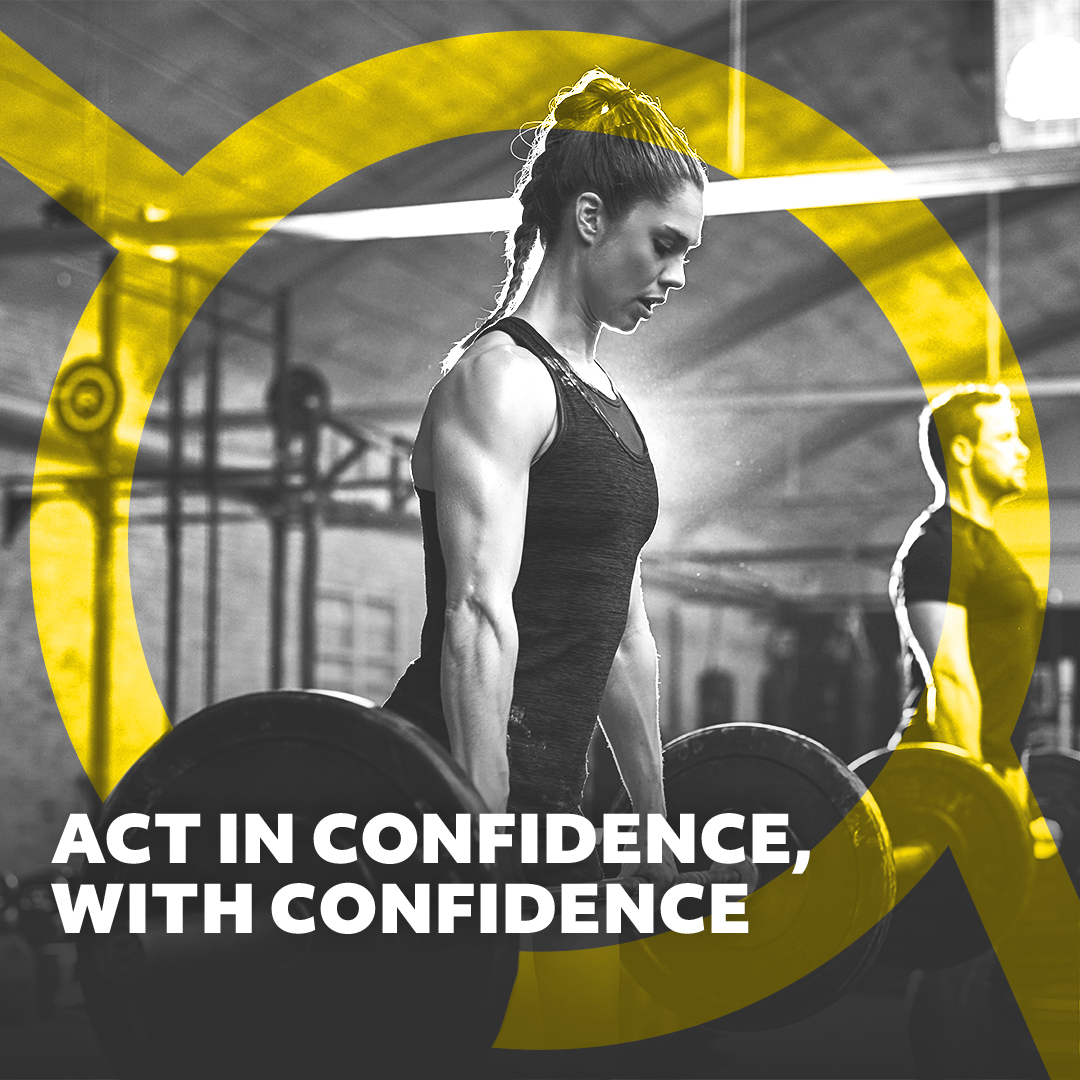 Image of a female weightlifter with words 'act in confidence, with confidence' on screen
