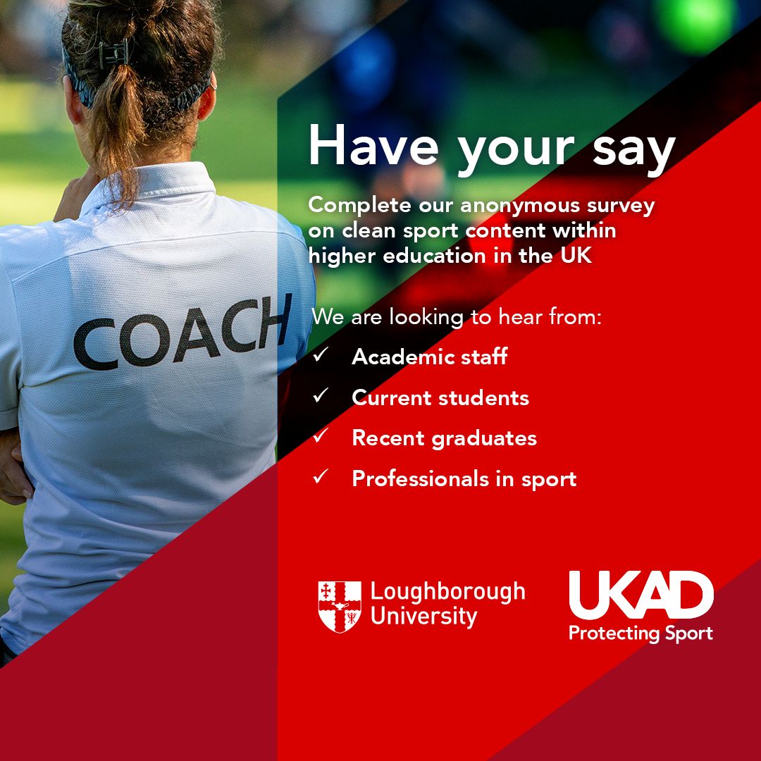 An image of a person with the word coach written on the back of their shirt and copy saying Have your say, complete our survey on clean sport content in higher education