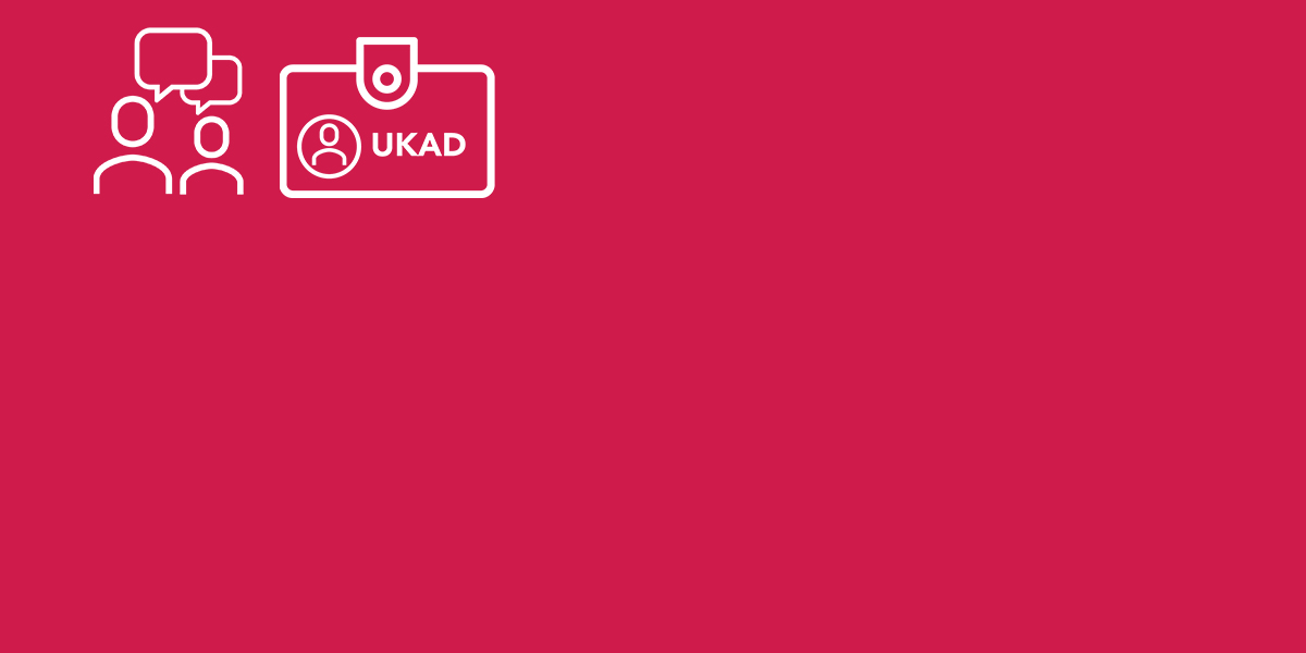 Pink background with icon of two people talking to each other and a UKAD nametag